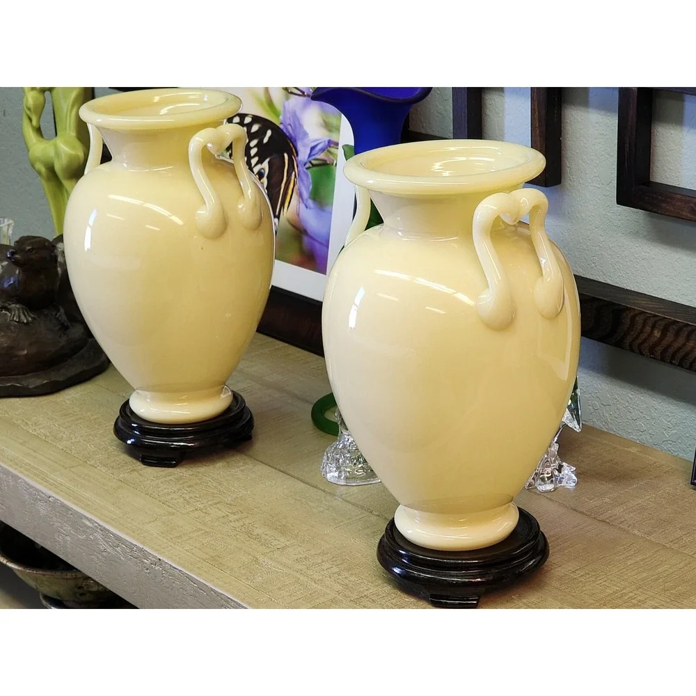 Steuben Set Of Two Matching Greek Style Antique Vases W/Presentation Stands